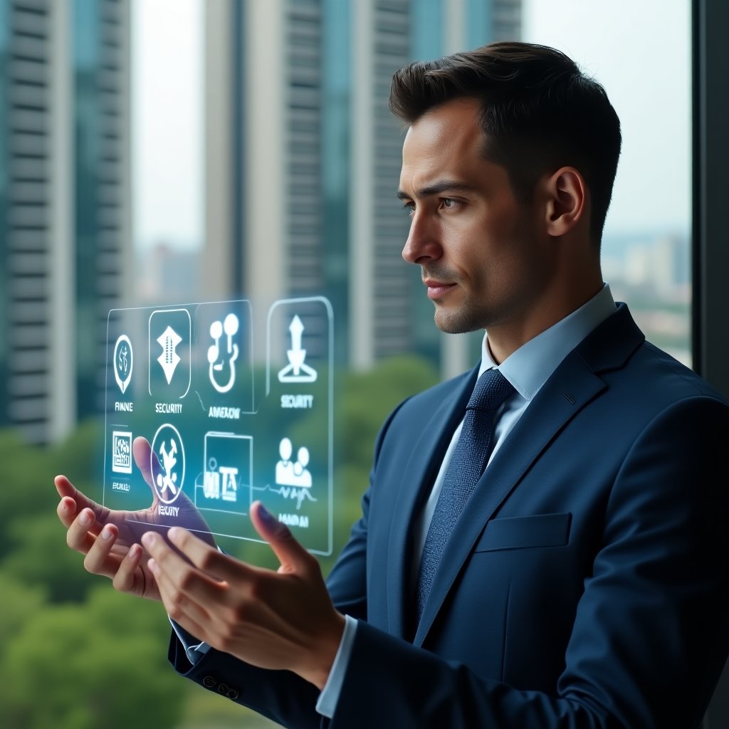 (Ultra-realistic condominium manager in a navy blue tailored suit, set in a modern luxury condominium environment with high-rise buildings and lush green landscaping, mid-shot focus on the manager analyzing a holographic interface displaying icons for finance, communication, security, calendar and maintenance, confident and thoughtful expression, cinematic lighting, shallow depth of field, highly detailed textures, realistic skin, photographic realism, 8k resolution --ar 1:1 --v 6)