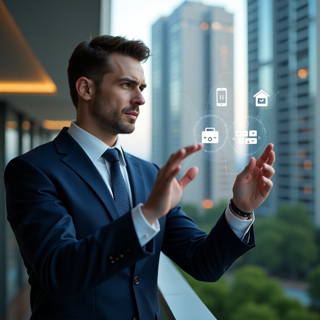(Ultra-realistic condominium manager in a tailored navy suit, set in a modern luxury condominium environment with high-rise buildings and lush green landscaping, interacting with a holographic interface displaying icons for communication, finance, security and space reservations, confident and focused expression, cinematic lighting, shallow depth of field, highly detailed textures, realistic skin, photographic realism, 8k resolution --ar 1:1 --v 6)