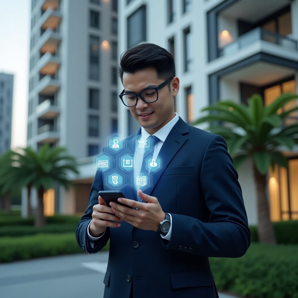 Ultra-realistic condominium manager in a navy blue tailored suit, set in a modern luxury condominium environment with high-rise buildings and lush green landscaping, holding a smartphone projecting holographic icons of communication, security, finance and calendar reservations, confidently pointing at the digital interface, cinematic lighting, shallow depth of field, highly detailed textures, realistic skin, photographic realism, 8k resolution --ar 1:1 --v 6