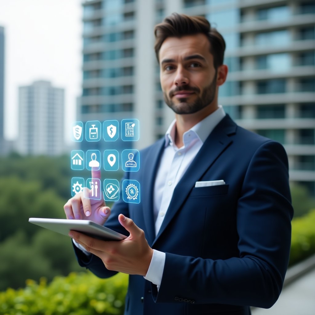 Ultra-realistic condominium manager in a tailored navy suit, set in a modern luxury condominium environment with high-rise buildings and lush green landscaping, holding a tablet displaying a holographic condominium management app interface, confidently pointing at ten floating app icons symbolizing efficiency, security, finance, scheduling and communication, cinematic lighting, shallow depth of field, highly detailed textures, realistic skin, photographic realism, 8k resolution --ar 1:1 --v 6