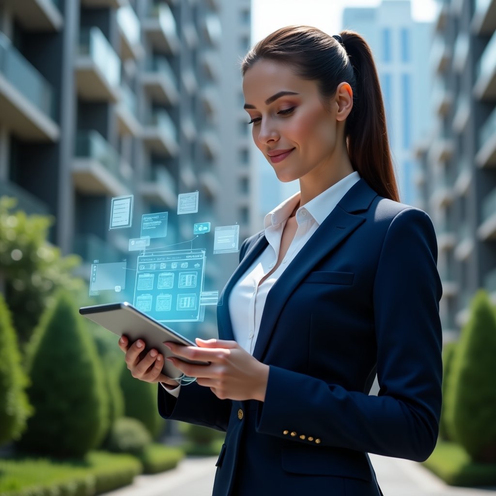 Ultra-realistic condominium manager in a navy blue executive suit, set in a modern luxury condominium environment with high-rise buildings and lush green landscaping, medium shot of a confident professional woman holding a tablet projecting a glowing holographic maintenance schedule, floating calendar and checklist icons around her, cinematic lighting, shallow depth of field, highly detailed textures, realistic skin, photographic realism, 8k resolution --ar 1:1 --v 6