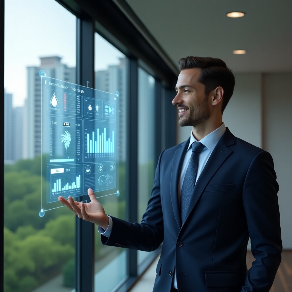 Ultra-realistic condominium manager in a navy blue executive suit, set in a modern luxury condominium environment with high-rise buildings and manicured green landscaping, standing in a control room reviewing a floating holographic dashboard of water droplets, energy bolts, cleaning icons and budget charts, confident and analytical expression, cinematic lighting, shallow depth of field, highly detailed textures, realistic skin, photographic realism, 8k resolution --ar 1:1 --v 6