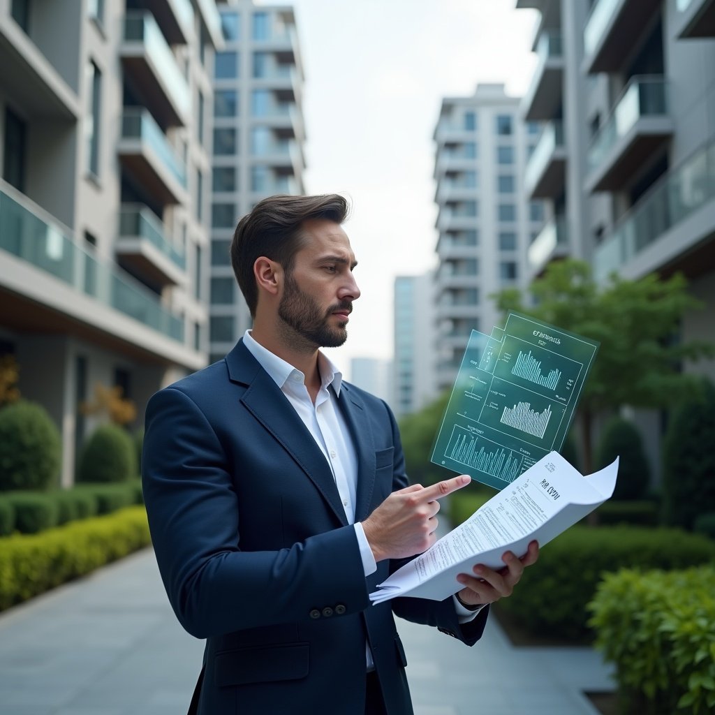 Ultra-realistic property manager in a navy blue suit, set in a modern luxury condominium environment with high-rise buildings and manicured green landscaping, reviewing financial documents and pointing at a translucent holographic expense report displaying charts and ledgers, conveying confidence and focus, cinematic lighting, shallow depth of field, highly detailed textures, realistic skin, photographic realism, 8k resolution --ar 1:1 --v 6