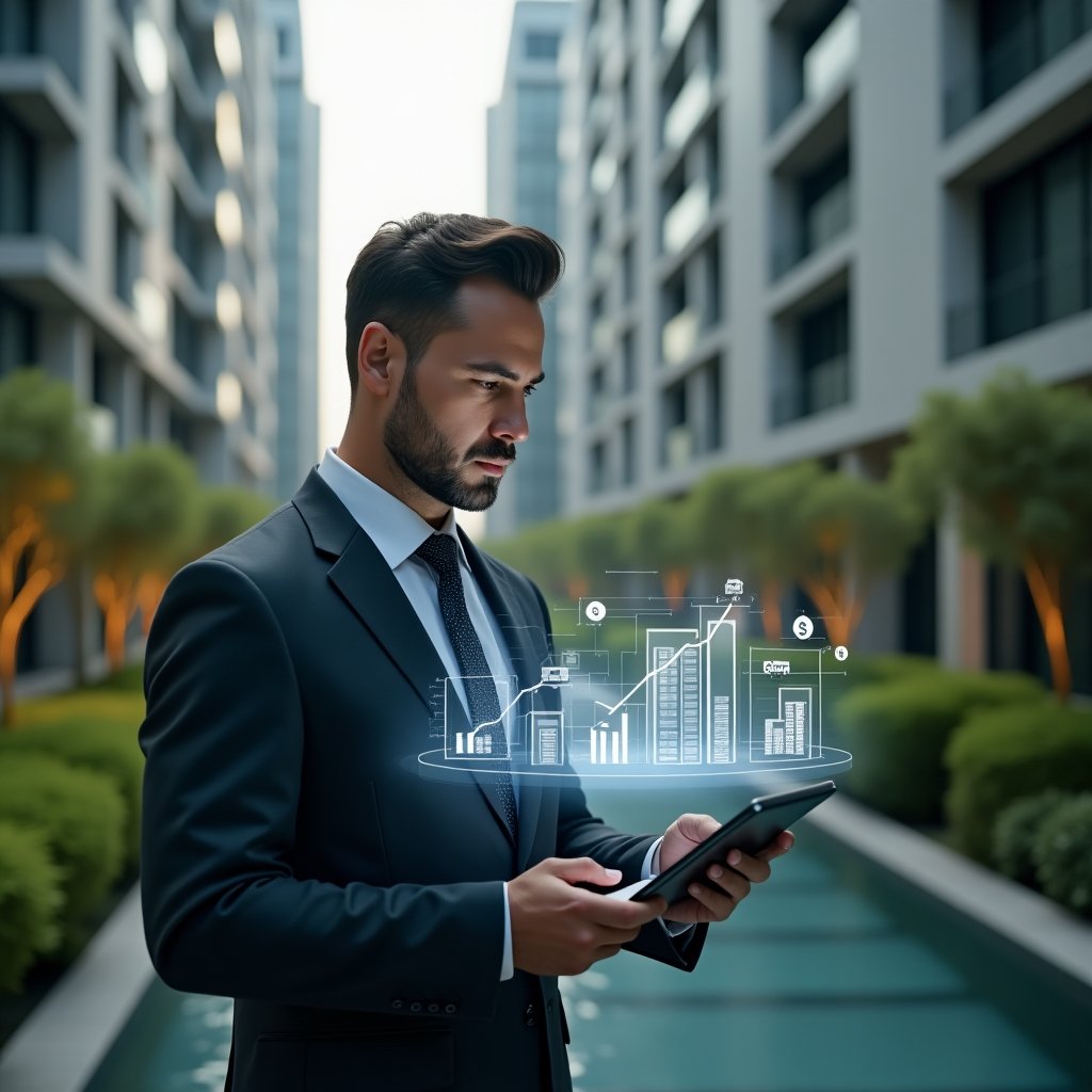 Ultra-realistic condominium manager in a charcoal gray executive suit, set in a modern luxury condominium environment with high-rise buildings and meticulously landscaped greenery, analyzing holographic financial charts projected from a sleek tablet, surrounded by floating currency icons and cost-monitoring graphs, confident and focused expression, cinematic lighting, shallow depth of field, highly detailed textures, realistic skin, photographic realism, 8k resolution --ar 1:1 --v 6