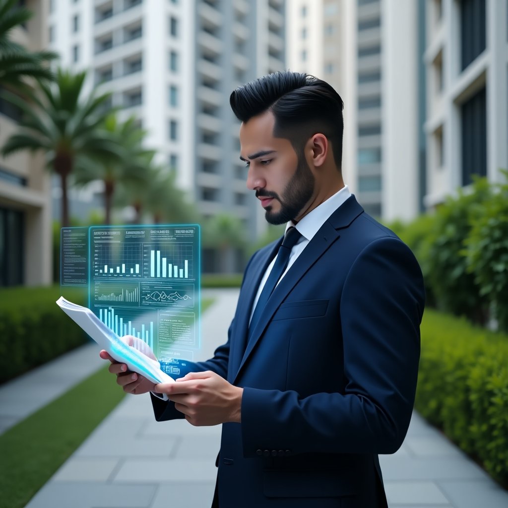 Ultra-realistic condominium manager in a navy blue suit, set in a modern luxury condominium environment with high-rise buildings and manicured green landscaping, examining a transparent holographic financial report with charts and graphs, thoughtful and confident expression, cinematic lighting, shallow depth of field, highly detailed textures, realistic skin, photographic realism, 8k resolution --ar 1:1 --v 6