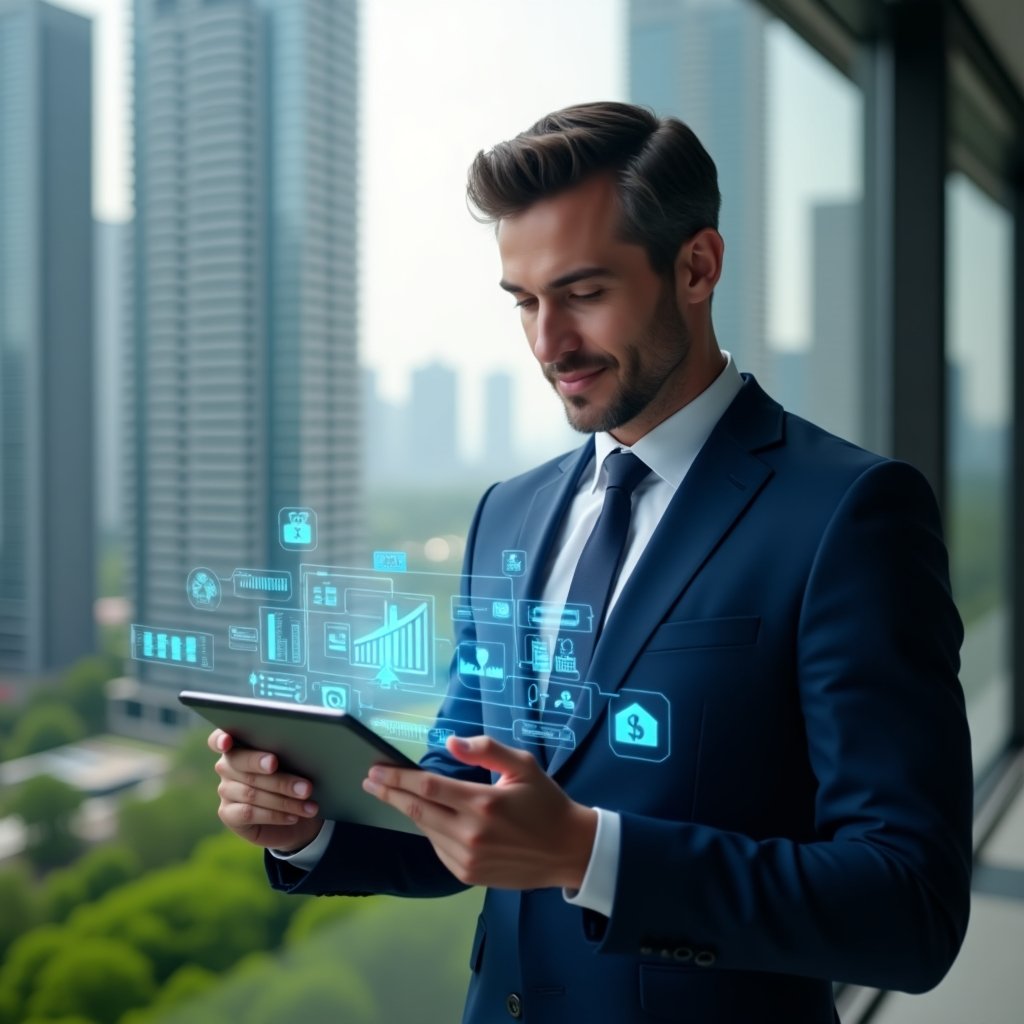 Ultra-realistic condo manager in a navy blue suit, set in a modern luxury condominium environment with high-rise buildings and green landscaping, holding a digital tablet displaying a holographic management dashboard, confident expression, holographic icons of finance, security, and communication floating around, cinematic lighting, shallow depth of field, highly detailed textures, realistic skin, photographic realism, 8k resolution --ar 1:1 --v 6