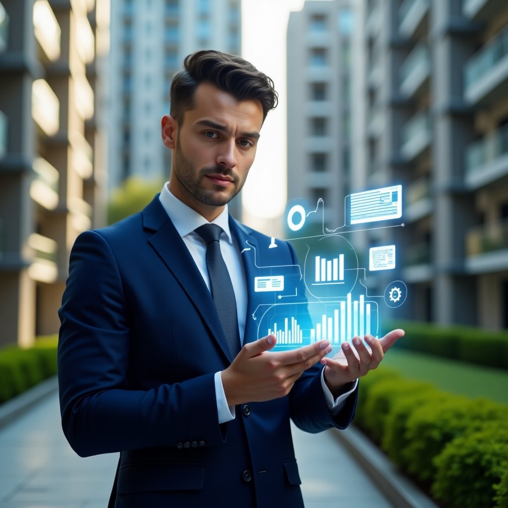 (Ultra-realistic condominium manager in a navy blue executive suit, set in a modern luxury condominium environment with high-rise buildings and manicured green landscaping, holding a transparent holographic financial dashboard and analyzing dynamic charts, floating icons of invoices and graphs symbolizing transparent and agile accounting, confident and focused expression, cinematic lighting, shallow depth of field, highly detailed textures, realistic skin, photographic realism, 8k resolution --ar 1:1 --v 6)