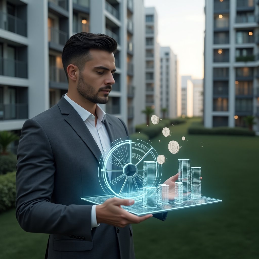 (Ultra-realistic condominium manager in a charcoal gray suit, set in a modern luxury condominium environment with high-rise buildings and manicured green landscaping, analyzing a holographic pie chart and 3D floor plans that symbolize fração ideal and value allocation, floating icons of buildings and coins around, confident and thoughtful expression, cinematic lighting, shallow depth of field, highly detailed textures, realistic skin, photographic realism, 8k resolution --ar 1:1 --v 6)