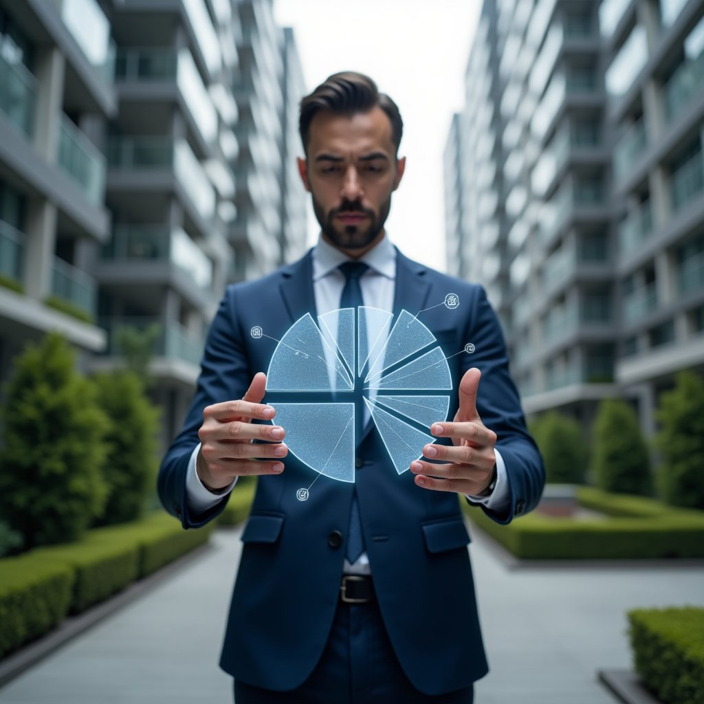 (Ultra-realistic condominium manager in a navy blue executive suit, set in a modern luxury condominium environment with high-rise buildings and manicured green landscaping, analyzing a floating holographic pie chart representing ideal fractions, digital floor plan icons orbiting around, confident and focused expression, cinematic lighting, shallow depth of field, highly detailed textures, realistic skin, photographic realism, 8k resolution --ar 1:1 --v 6)