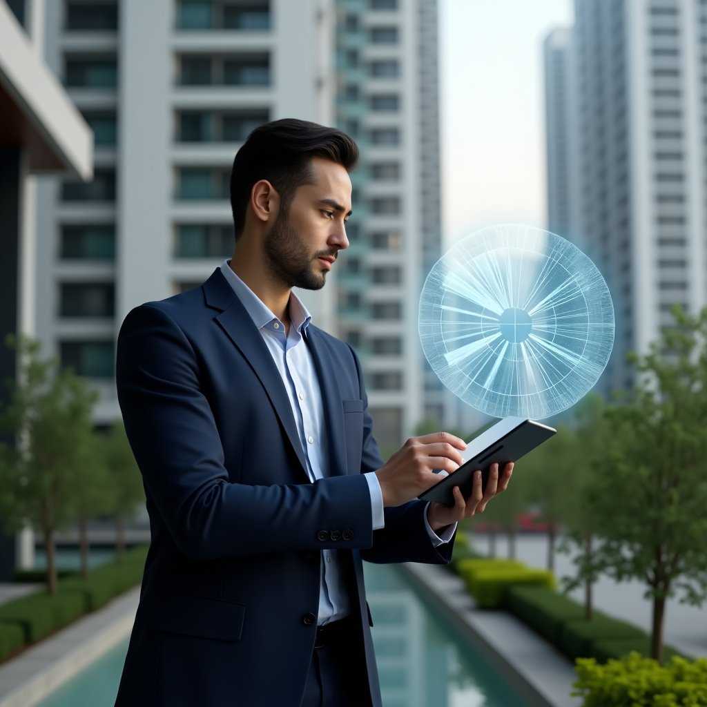 (Ultra-realistic condominium manager in a navy blue suit, set in a modern luxury condominium environment with high-rise buildings and meticulously landscaped greenery, analyzing a floating holographic pie chart representing cost distribution, holding a digital tablet displaying fraction calculations, confident and focused expression, cinematic lighting, shallow depth of field, highly detailed textures, realistic skin, photographic realism, 8k resolution --ar 1:1 --v 6)