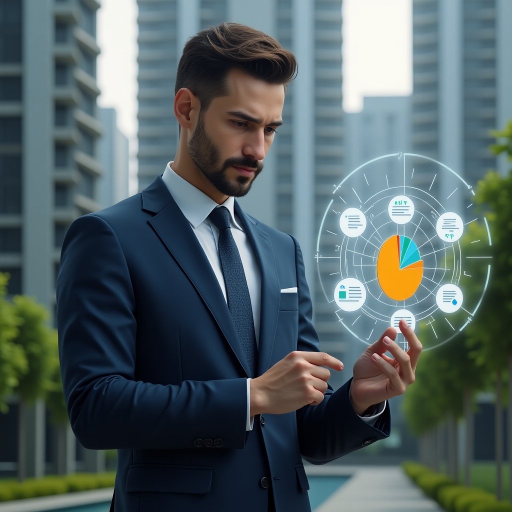 (Ultra-realistic condominium manager in a navy blue suit, set in a modern luxury condominium environment with high-rise buildings and manicured green landscaping, examining a holographic pie chart representing frações ideais, floating icons of documents and currency symbols around them, thoughtful and confident expression, cinematic lighting, shallow depth of field, highly detailed textures, realistic skin, photographic realism, 8k resolution --ar 1:1 --v 6)