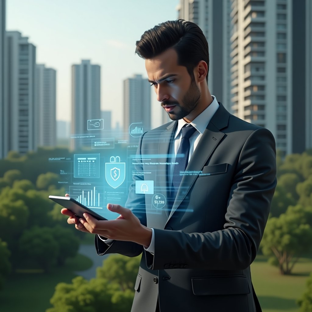 (Ultra-realistic condominium manager in a charcoal gray tailored suit, set in a modern luxury condominium environment with high-rise buildings and lush green landscaping, examining a floating holographic interface displaying calendar bookings, security shield icon, financial chart and chat bubble, confident and focused expression, cinematic lighting, shallow depth of field, highly detailed textures, realistic skin, photographic realism, 8k resolution --ar 1:1 --v 6)