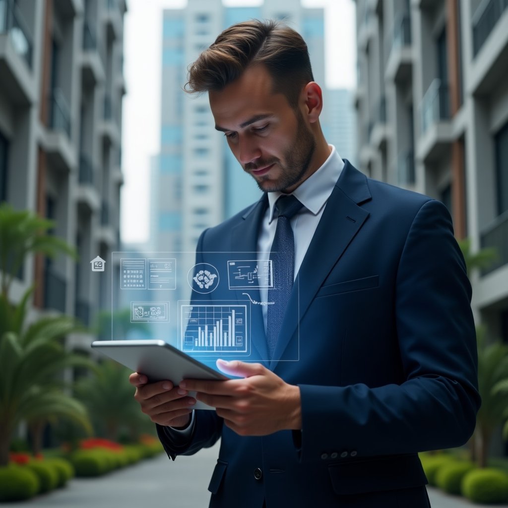 Ultra-realistic condominium manager in a navy blue tailored suit, set in a modern luxury condominium environment with high-rise buildings and meticulously landscaped gardens, reviewing a digital tablet displaying floating holographic management icons and charts, confident and focused expression, cinematic lighting, shallow depth of field, highly detailed textures, realistic skin, photographic realism, 8k resolution --ar 1:1 --v 6