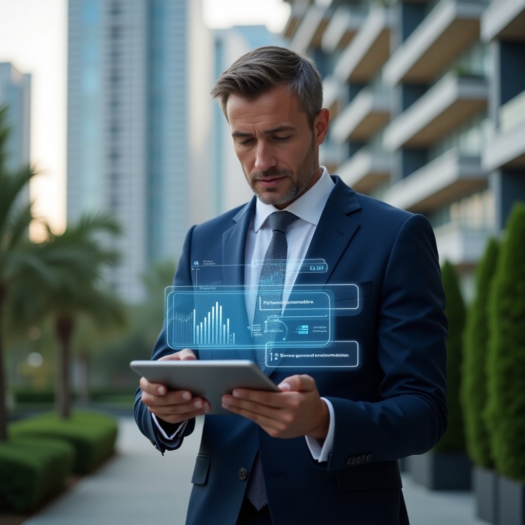 Ultra-realistic professional property manager in a tailored navy blue suit, set in a modern luxury condominium environment with high-rise buildings and manicured greenery, confidently holding a tablet displaying a holographic condominium management dashboard, interacting with floating icons of financial charts and chat bubbles, cinematic lighting, shallow depth of field, highly detailed textures, realistic skin, photographic realism, 8k resolution --ar 1:1 --v 6