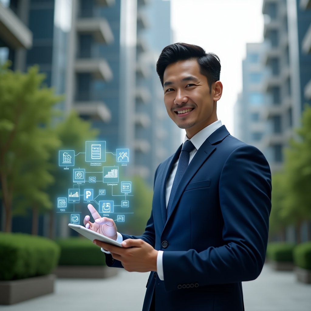 Ultra-realistic professional condominium manager in a navy blue business suit, set in a modern luxury condominium environment with high-rise buildings and lush green landscaping, holding a digital tablet showing a management dashboard while holographic icons for tasks, finances and communication float around, confident and focused expression, cinematic lighting, shallow depth of field, highly detailed textures, realistic skin, photographic realism, 8k resolution --ar 1:1 --v 6
