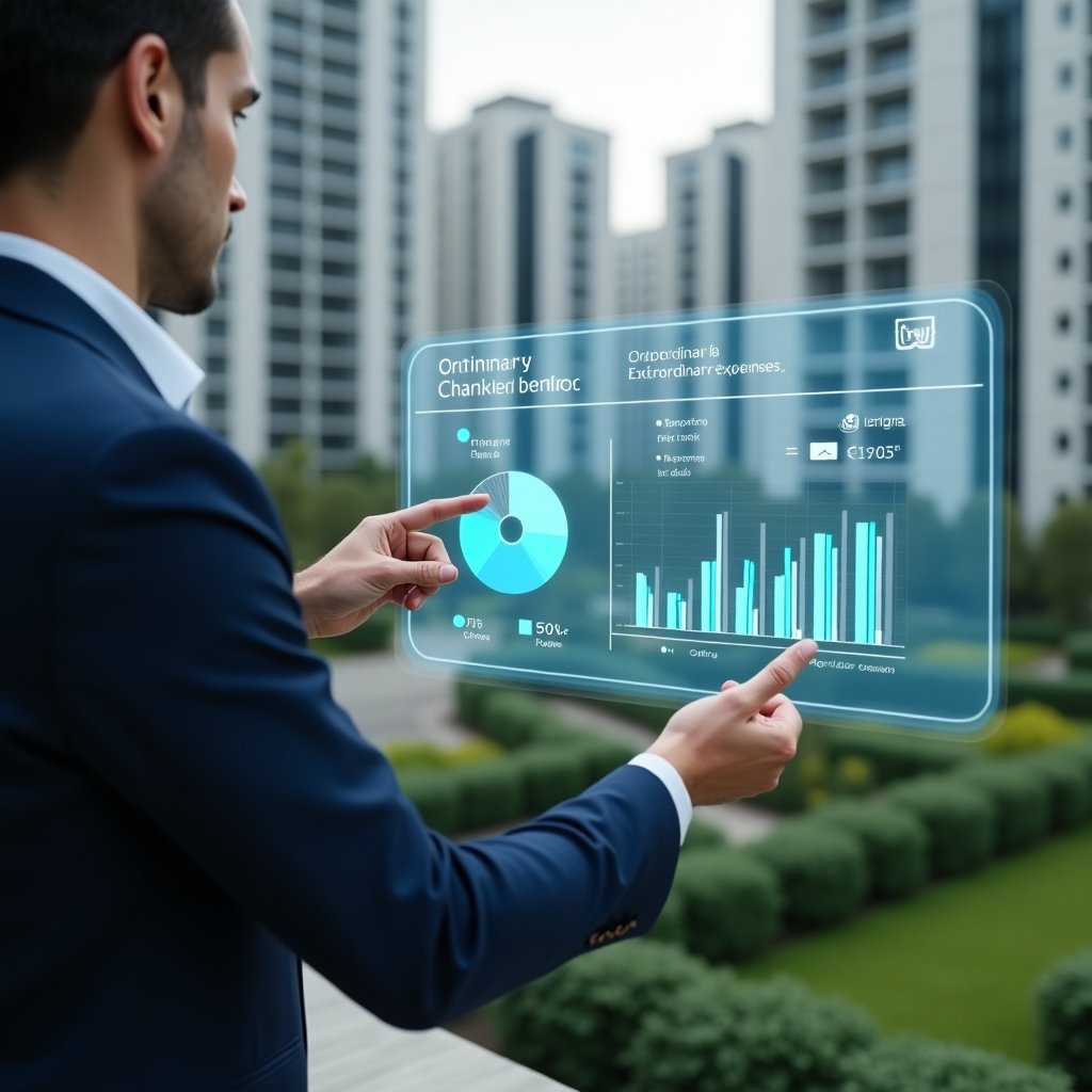 Ultra-realistic condominium manager in a navy blue suit, set in a modern luxury condominium environment with high-rise buildings and manicured green landscaping, reviewing a floating holographic financial dashboard with charts labeled “Ordinary” and “Extraordinary” expenses, pointing thoughtfully at projected budget bars, subtle icons of coins and ledger pages orbiting around, cinematic lighting, shallow depth of field, highly detailed textures, realistic skin, photographic realism, 8k resolution --ar 1:1 --v 6