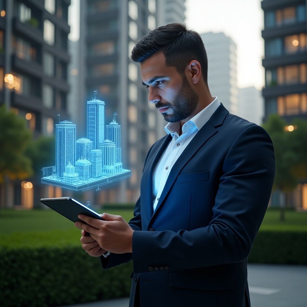 Ultra-realistic condominium manager in a navy suit, set in a modern luxury condominium environment with high-rise buildings and green landscaping, analyzing holographic charts of fractional ownership percentages on a digital tablet, confident and focused expression, symbolic pie chart and building blueprint overlay floating beside them, cinematic lighting, shallow depth of field, highly detailed textures, realistic skin, photographic realism, 8k resolution --ar 1:1 --v 6