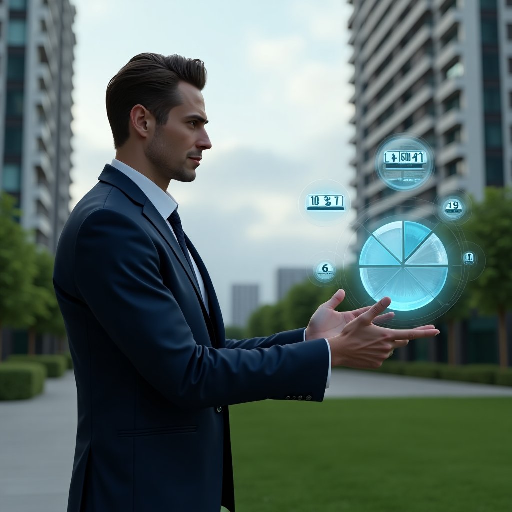 (Ultra-realistic condominium manager in a tailored navy suit, set in a modern luxury condominium environment with high-rise buildings and manicured green landscaping, analyzing a holographic pie chart of property fractions with floating icons of currency and a voting ballot, thoughtful expression, cinematic lighting, shallow depth of field, highly detailed textures, realistic skin, photographic realism, 8k resolution --ar 1:1 --v 6)