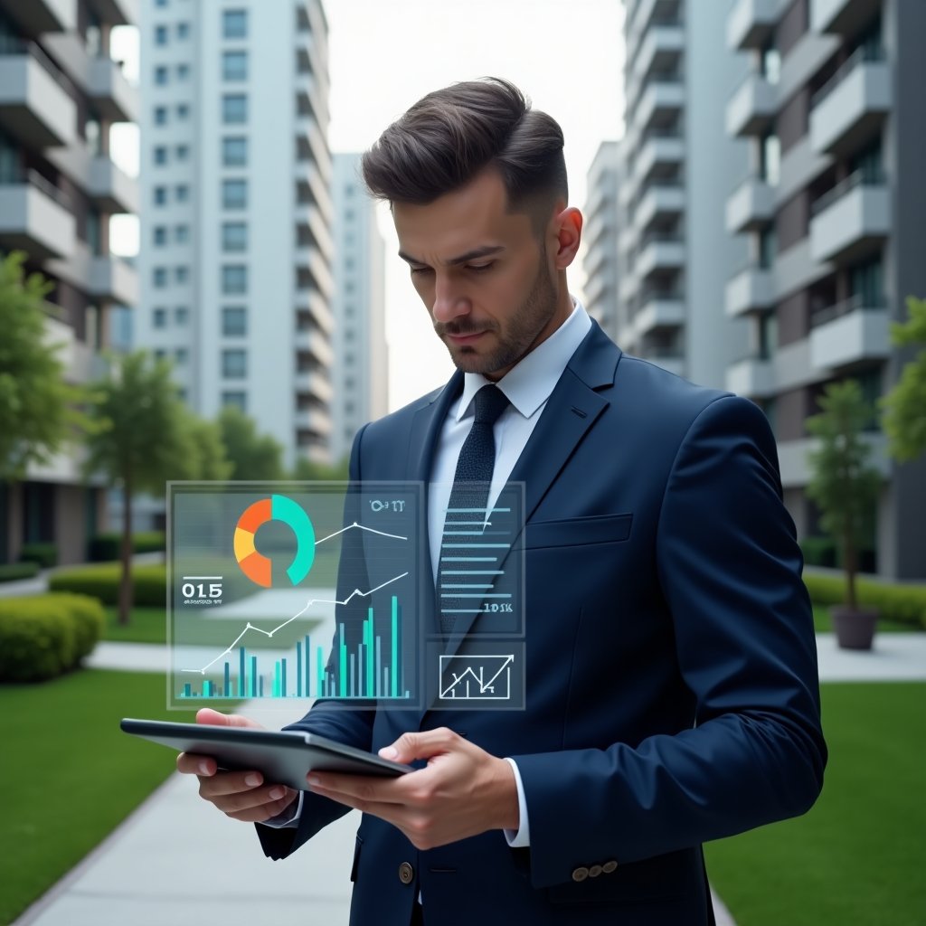 Ultra-realistic professional property manager in a navy blue executive suit, set in a modern luxury condominium environment with high-rise buildings and manicured green landscaping, confidently analyzing financial graphs on a tablet with a floating holographic pie chart and budget projections, cinematic lighting, shallow depth of field, highly detailed textures, realistic skin, photographic realism, 8k resolution --ar 1:1 --v 6