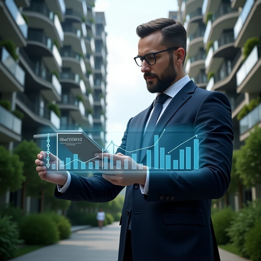 (Ultra-realistic property manager in a tailored navy suit, set in a modern luxury condominium environment with high-rise buildings and green landscaping, reviewing a floating holographic financial dashboard while holding a tablet, a semi-transparent icon of a ledger book glowing beside them, cinematic lighting, shallow depth of field, highly detailed textures, realistic skin, photographic realism, 8k resolution --ar 1:1 --v 6)