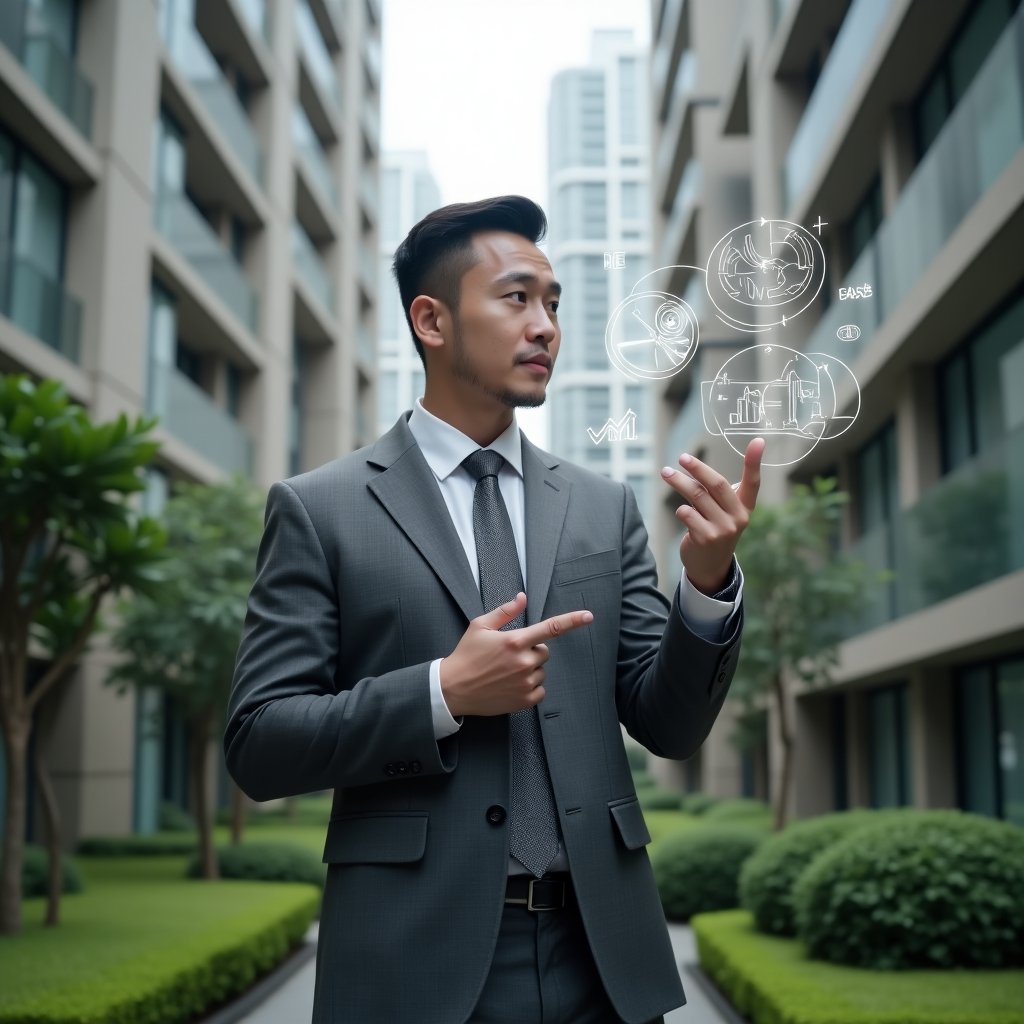 Ultra-realistic condominium manager in a charcoal gray executive suit, set in a modern luxury condominium environment with high-rise buildings and manicured green landscaping, standing in a medium shot and confidently pointing at floating holographic pie charts and ledger icons representing ordinary and extraordinary expenses, cinematic lighting, shallow depth of field, highly detailed textures, realistic skin, photographic realism, 8k resolution --ar 1:1 --v 6