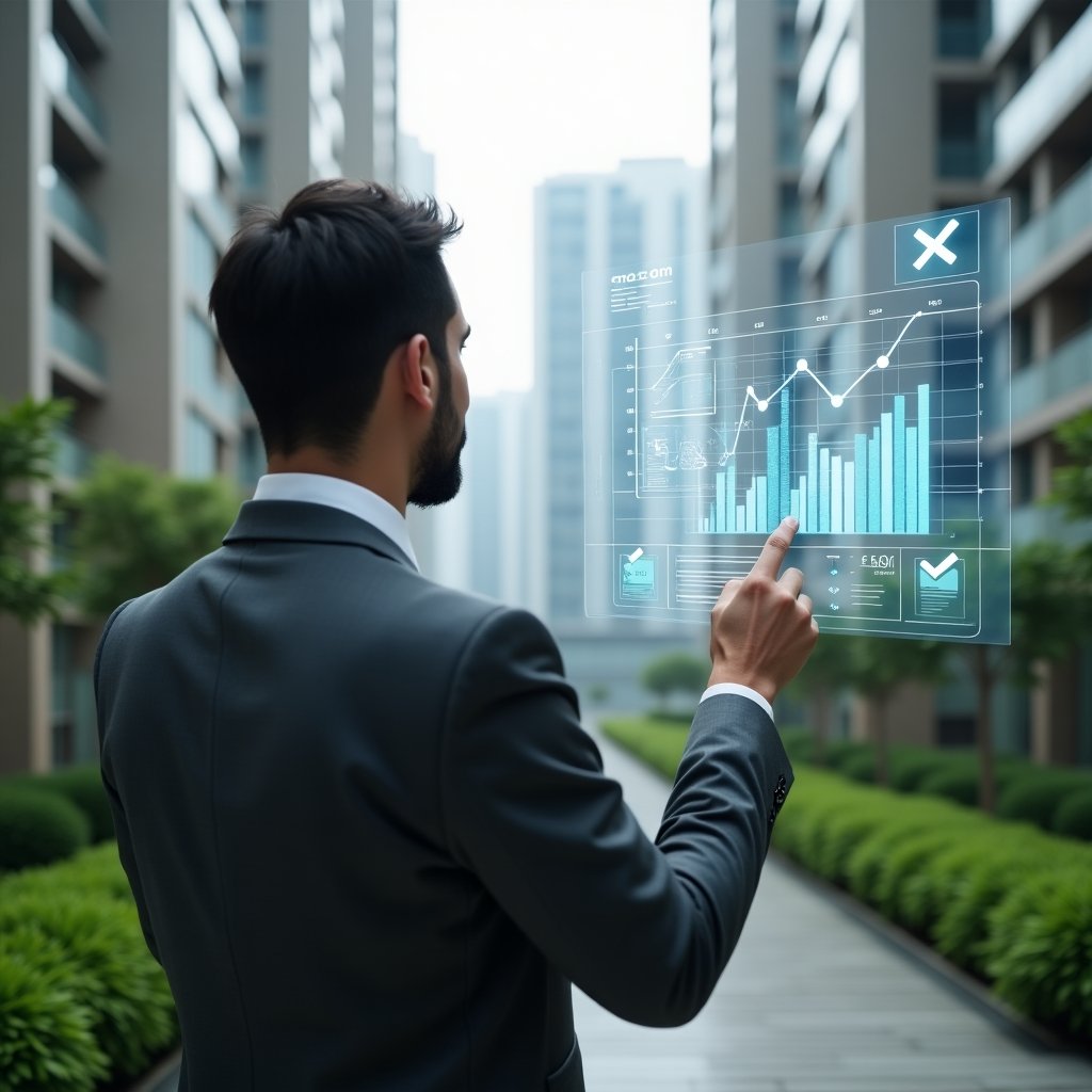 (Ultra-realistic condominium manager in a charcoal gray suit, set in a modern luxury condominium environment with high-rise buildings and lush green landscaping, examining a floating holographic financial chart and pointing to a highlighted budget breakdown, digital icons of approval checkmarks and document stacks floating around, cinematic lighting, shallow depth of field, highly detailed textures, realistic skin, photographic realism, 8k resolution --ar 1:1 --v 6)