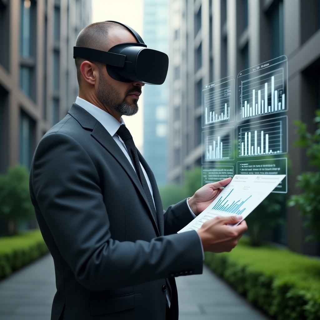 (Ultra-realistic condominium manager in a charcoal gray suit, set in a modern luxury condominium environment with high-rise buildings and manicured green landscaping, analyzing a holographic financial report with translucent charts and graphs floating before them, conveying confidence and focus, cinematic lighting, shallow depth of field, highly detailed textures, realistic skin, photographic realism, 8k resolution --ar 1:1 --v 6)