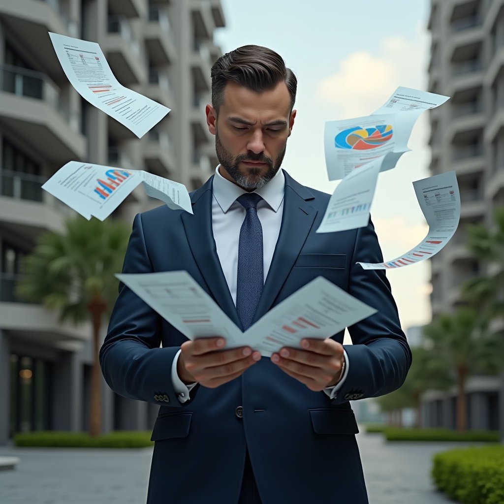 Ultra-realistic condominium manager in a tailored navy suit, set in a modern luxury condominium environment with high-rise buildings and manicured gardens, examining floating holographic receipts and detailed balance sheets, pie charts and bar graphs orbiting around him, confident and focused expression, cinematic lighting, shallow depth of field, highly detailed textures, realistic skin, photographic realism, 8k resolution --ar 1:1 --v 6