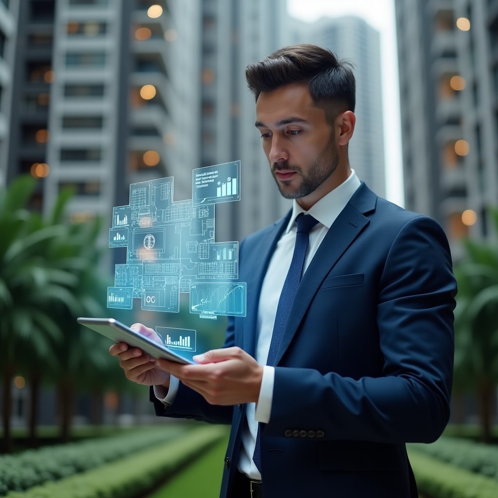 Ultra-realistic condominium manager in a tailored navy suit, set in a modern luxury condominium environment with high-rise buildings and meticulously landscaped gardens, confidently examining a holographic floor plan and budget chart projected from a sleek tablet, digital icons of maintenance schedules and financial graphs floating around, cinematic lighting, shallow depth of field, highly detailed textures, realistic skin, photographic realism, 8k resolution --ar 1:1 --v 6