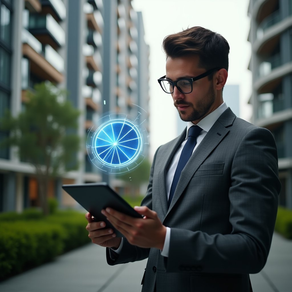(Ultra-realistic property manager in a charcoal gray tailored suit, set in a modern luxury condominium environment with high-rise buildings and manicured green landscaping, holding a digital tablet displaying a holographic pie chart of unit fractions, thoughtfully analyzing data, a floating 3D icon of a percentage symbol beside them, cinematic lighting, shallow depth of field, highly detailed textures, realistic skin, photographic realism, 8k resolution --ar 1:1 --v 6)