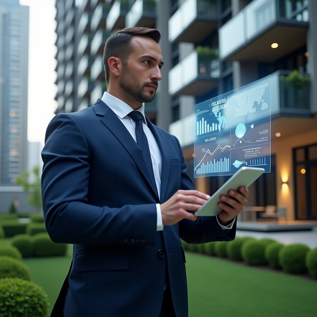 Ultra-realistic condominium manager in a tailored navy suit, set in a modern luxury condominium environment with high-rise buildings and manicured green landscaping, analyzing holographic financial dashboards displaying charts and key performance metrics, holding a digital tablet with floating graphs, confident and focused expression, cinematic lighting, shallow depth of field, highly detailed textures, realistic skin, photographic realism, 8k resolution --ar 1:1 --v 6