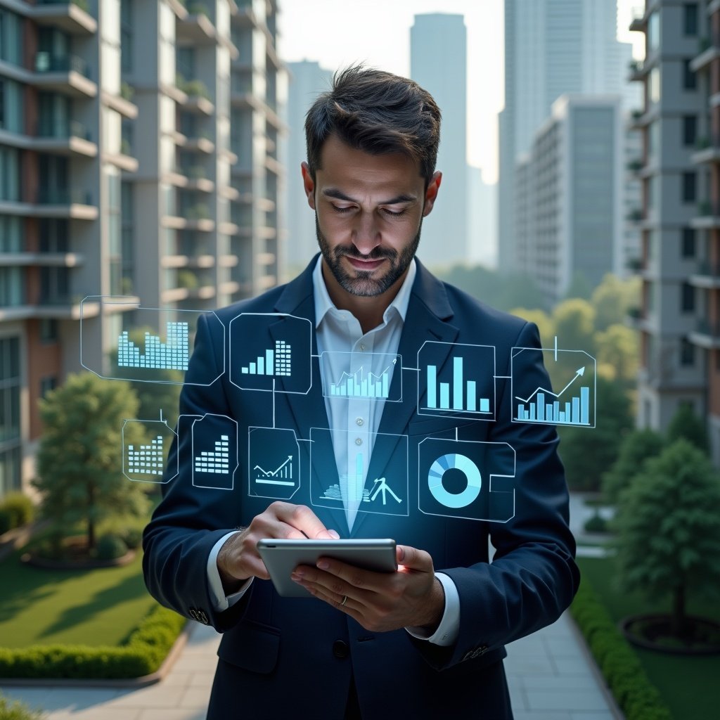 Ultra-realistic condominium manager in a navy tailored suit, set in a modern luxury condominium environment with high-rise buildings and lush green landscaping, examining holographic financial and occupancy metrics projected from a touchscreen tablet, surrounded by floating bar charts and pie graphs symbolizing performance indicators, cinematic lighting, shallow depth of field, highly detailed textures, realistic skin, photographic realism, 8k resolution --ar 1:1 --v 6