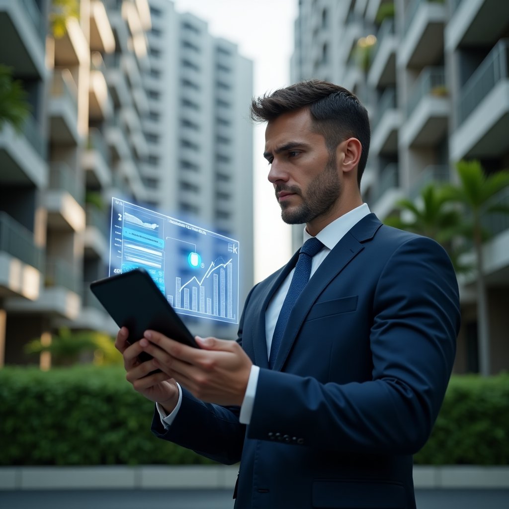 Ultra-realistic condominium manager in a navy suit, set in a modern luxury condominium environment with high-rise buildings and green landscaping, holding a tablet displaying holographic financial charts and emergency maintenance budget projections, examining data with a confident, analytical expression, a floating holographic piggy bank icon symbolizing reserve funds nearby, cinematic lighting, shallow depth of field, highly detailed textures, realistic skin, photographic realism, 8k resolution --ar 1:1 --v 6