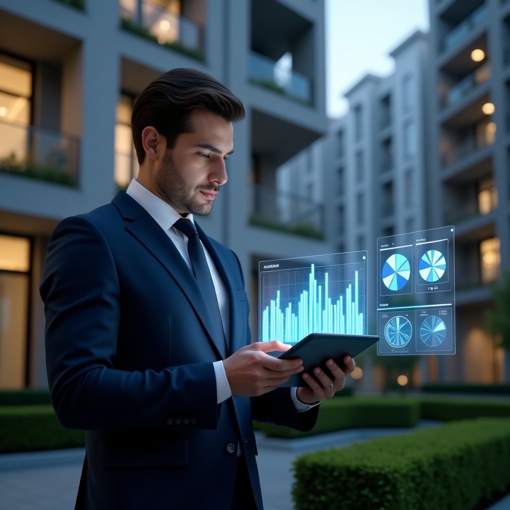 (Ultra-realistic condominium manager in a navy blue executive suit, set in a modern luxury condominium environment with high-rise buildings and manicured green landscaping, reviewing holographic financial charts projected from a tablet with a confident and focused expression, translucent 3D bar graphs and pie charts floating beside them symbolizing quarterly account transparency, cinematic lighting, shallow depth of field, highly detailed textures, realistic skin, photographic realism, 8k resolution --ar 1:1 --v 6)