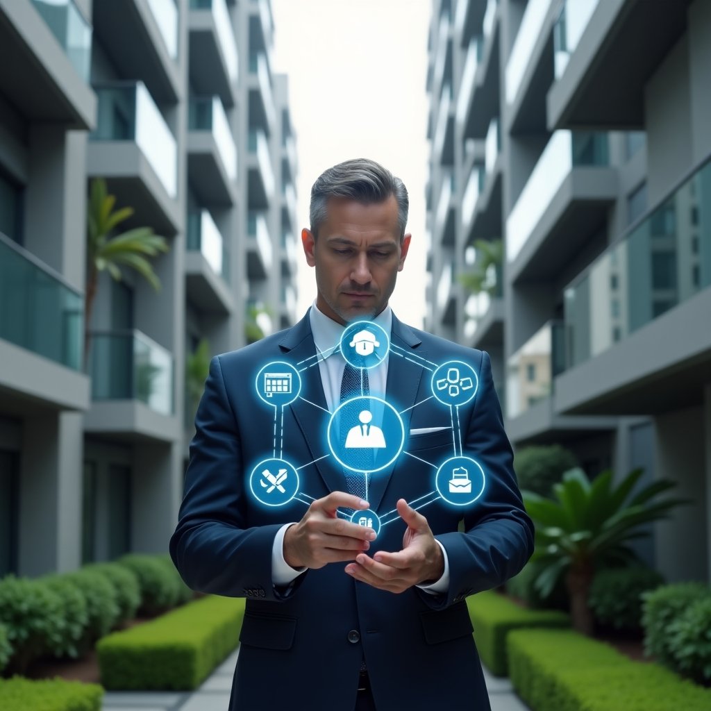 (Ultra-realistic condominium manager in a tailored navy suit, set in a modern luxury condominium environment with high-rise buildings and manicured green landscaping, confidently reviewing a floating holographic dashboard displaying eight management icons, symbolic holograms of communication, finance, maintenance and scheduling around them, cinematic lighting, shallow depth of field, highly detailed textures, realistic skin, photographic realism, 8k resolution --ar 1:1 --v 6)