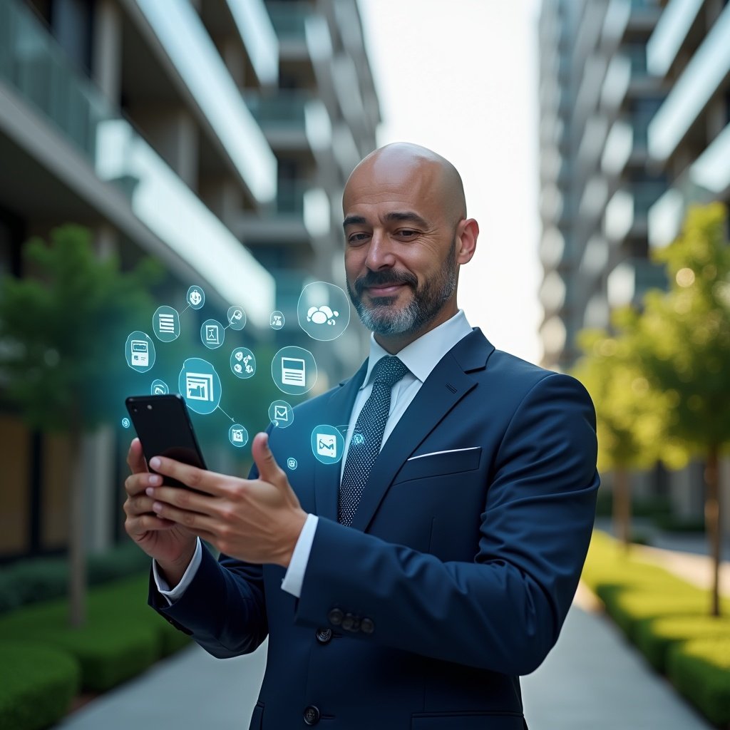Ultra-realistic condominium manager in a dark blue tailored suit, set in a modern luxury condominium environment with high-rise buildings and manicured green landscaping, medium shot with shallow depth of field, confident and engaging expression, holding a smartphone projecting holographic icons of communication bubbles, financial charts, calendar reservations and security cameras to symbolize an app de gestão, cinematic lighting, highly detailed textures, realistic skin, photographic realism, 8k resolution --ar 1:1 --v 6