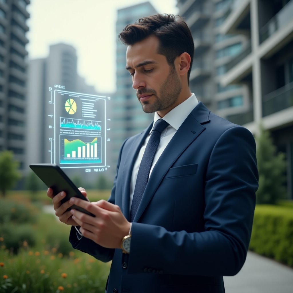 Ultra-realistic condominium manager in a navy suit, set in a modern luxury condominium environment with high-rise buildings and manicured greenery, holding a tablet displaying a holographic financial report, confident and focused expression, floating pie charts and bar graphs symbolizing transparent accounting, cinematic lighting, shallow depth of field, highly detailed textures, realistic skin, photographic realism, 8k resolution --ar 1:1 --v 6