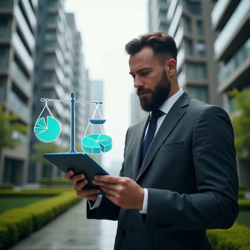 Ultra-realistic condominium manager in a dark gray tailored suit, set in a modern luxury condominium environment with high-rise buildings and lush green landscaping, reviewing holographic pie charts and a floating legal scale icon while holding a digital tablet displaying cost distribution, expression focused and confident, cinematic lighting, shallow depth of field, highly detailed textures, realistic skin, photographic realism, 8k resolution --ar 1:1 --v 6