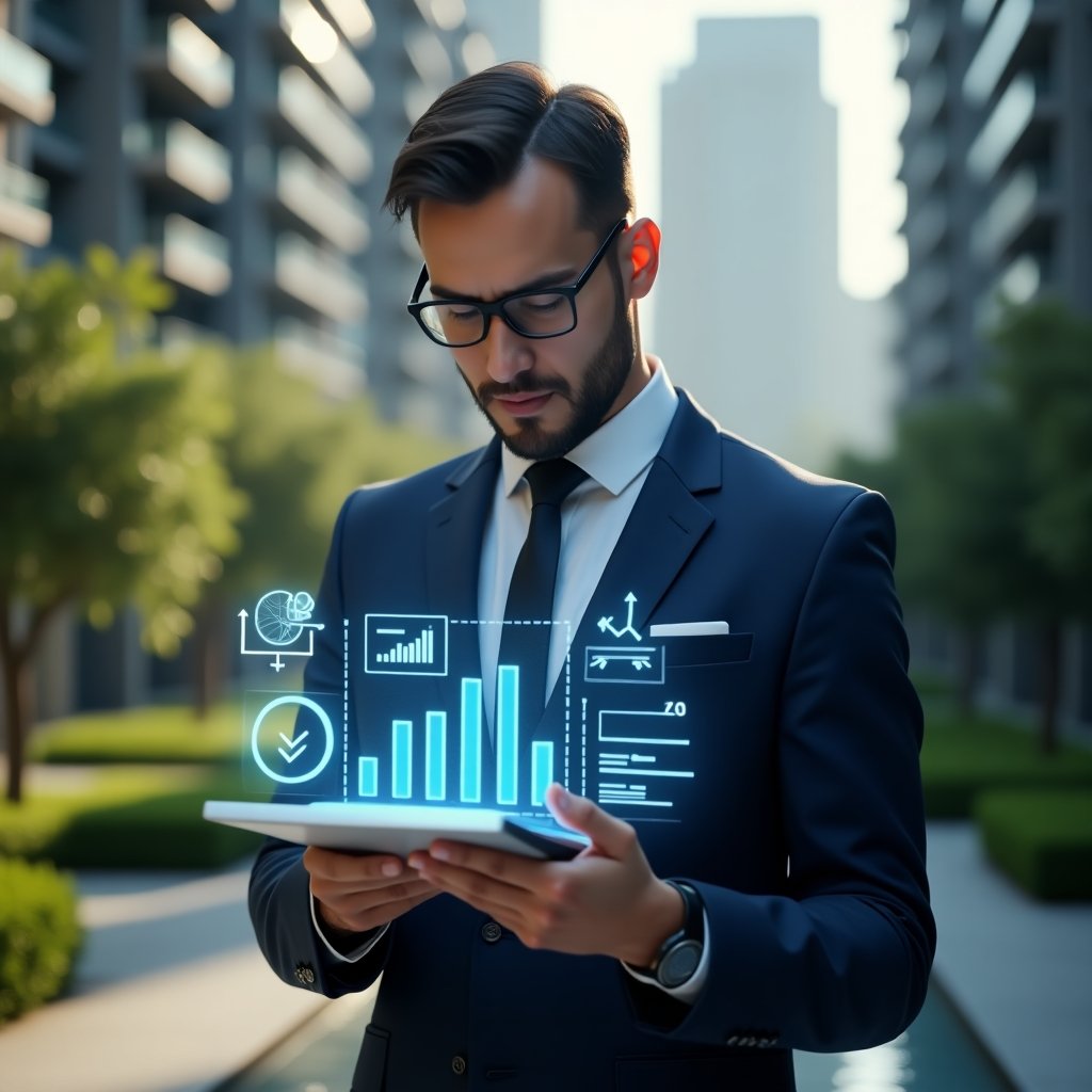 Ultra-realistic condominium manager in a sleek navy executive suit, set in a modern luxury condominium environment with high-rise buildings and lush green landscaping, confidently reviewing a transparent tablet displaying holographic financial charts, digital interface icons and checklist symbols representing agility and transparency, cinematic lighting, shallow depth of field, highly detailed textures, realistic skin, photographic realism, 8k resolution --ar 1:1 --v 6