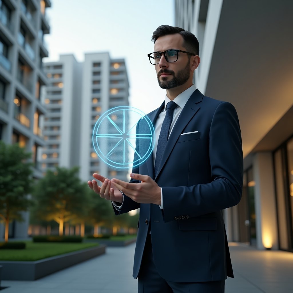 (Ultra-realistic condominium manager in a tailored navy suit, set in a modern luxury condominium environment with high-rise buildings and meticulously landscaped gardens, standing in a medium shot with a confident, thoughtful expression as they interact with a holographic pie chart representing fraction ideals for expense allocation, cinematic lighting, shallow depth of field, highly detailed textures, realistic skin, photographic realism, 8k resolution --ar 1:1 --v 6)