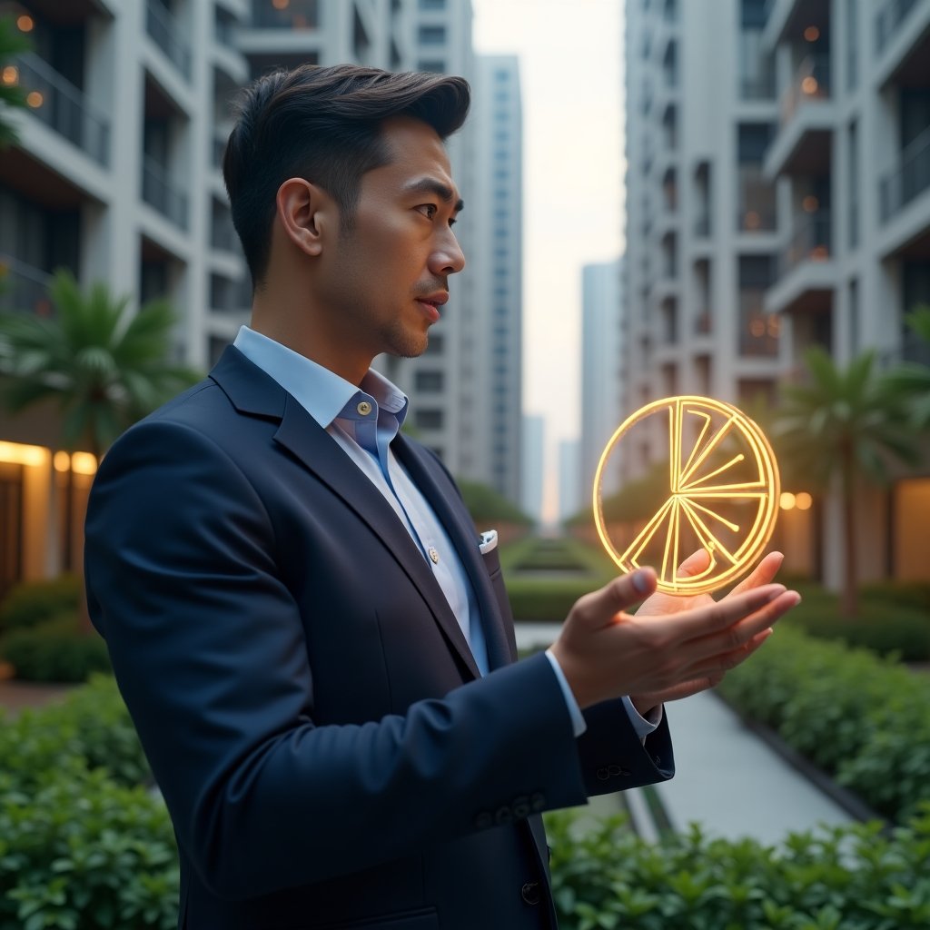 (Ultra-realistic condominium manager in a tailored navy suit, set in a modern luxury condominium environment with high-rise buildings and lush green landscaping, examining a holographic pie chart that highlights proportional cost divisions, holographic fraction lines glowing in gold, confident and thoughtful expression, cinematic lighting, shallow depth of field, highly detailed textures, realistic skin, photographic realism, 8k resolution --ar 1:1 --v 6)