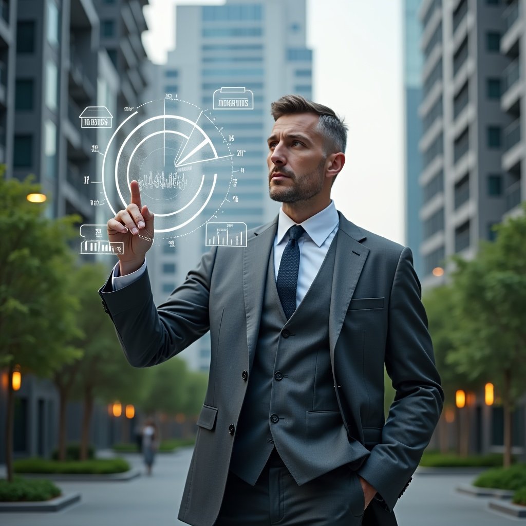 Ultra-realistic condo property manager in a charcoal gray suit, set in a modern luxury condominium environment with high-rise buildings and meticulously landscaped greenery, confidently pointing at a semi-transparent holographic pie chart showing unit fractions, floating icons of scale balances and financial graphs around them, cinematic lighting, shallow depth of field, highly detailed textures, realistic skin, photographic realism, 8k resolution --ar 1:1 --v 6