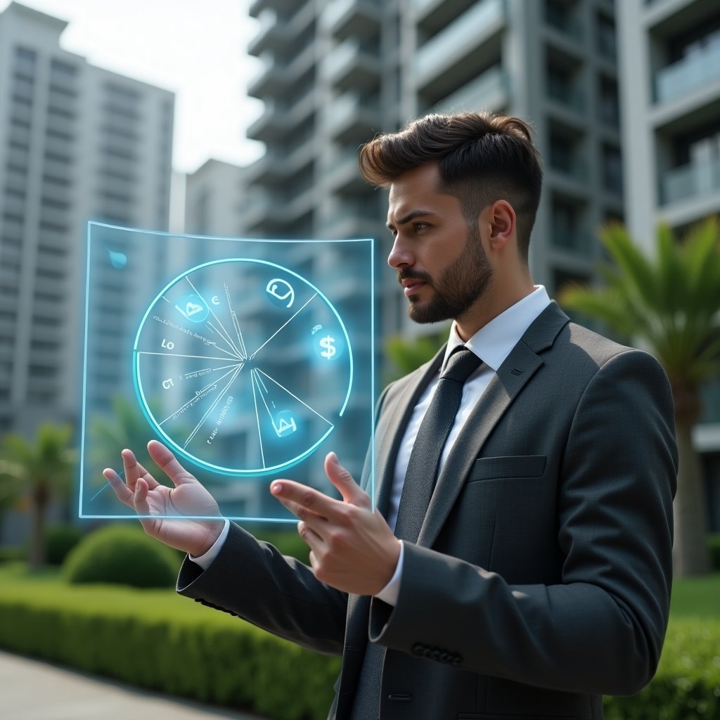 Ultra-realistic condominium manager in a charcoal gray suit, set in a modern luxury condominium environment with high-rise buildings and manicured green landscaping, examining a holographic pie chart of unit fractions and monthly fee calculations, confident and thoughtful expression, holographic icons of vote checkmarks and dollar signs floating beside, cinematic lighting, shallow depth of field, highly detailed textures, realistic skin, photographic realism, 8k resolution --ar 1:1 --v 6