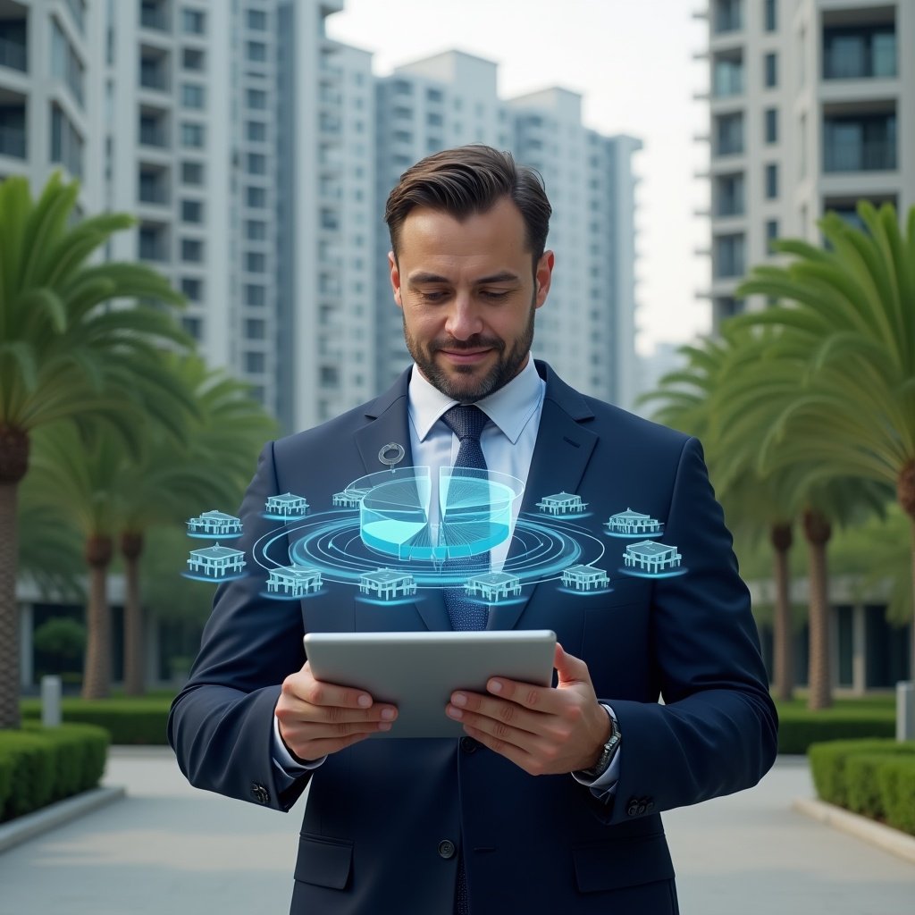 (Ultra-realistic condominium manager in a navy blue executive suit, set in a modern luxury condominium environment with high-rise buildings and manicured green landscaping, analyzing a holographic pie chart hovering above a tablet that visualizes each unit’s fractional share of expenses, holographic icons of apartments and currency symbols orbiting the chart, confident and focused expression, cinematic lighting, shallow depth of field, highly detailed textures, realistic skin, photographic realism, 8k resolution --ar 1:1 --v 6)