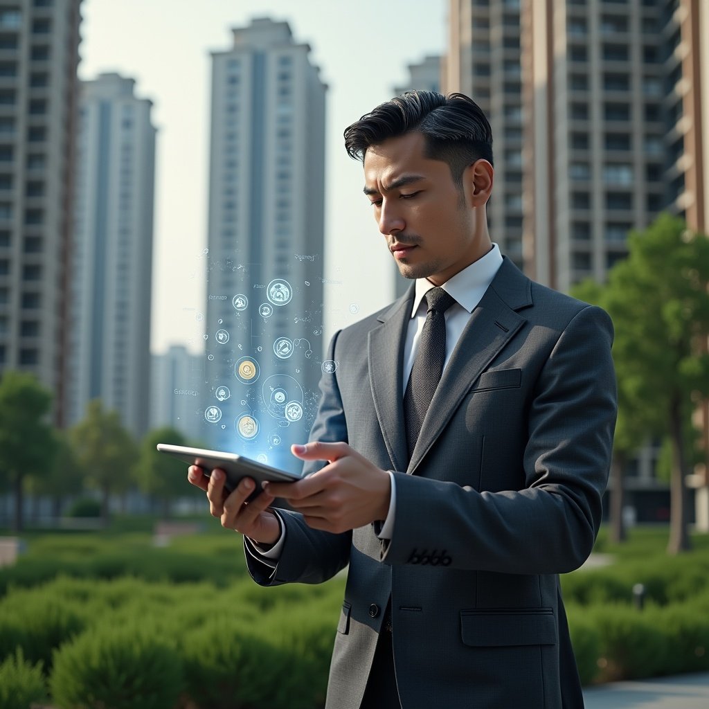 Ultra-realistic condominium manager in a charcoal gray tailored suit, set in a modern luxury condominium environment with high-rise buildings and lush green landscaping, medium shot of the manager holding a digital tablet displaying holographic expense charts, floating icons of coins and repair tools representing ordinary vs. extraordinary expenses, focused and confident expression, cinematic lighting, shallow depth of field, highly detailed textures, realistic skin, photographic realism, 8k resolution --ar 1:1 --v 6