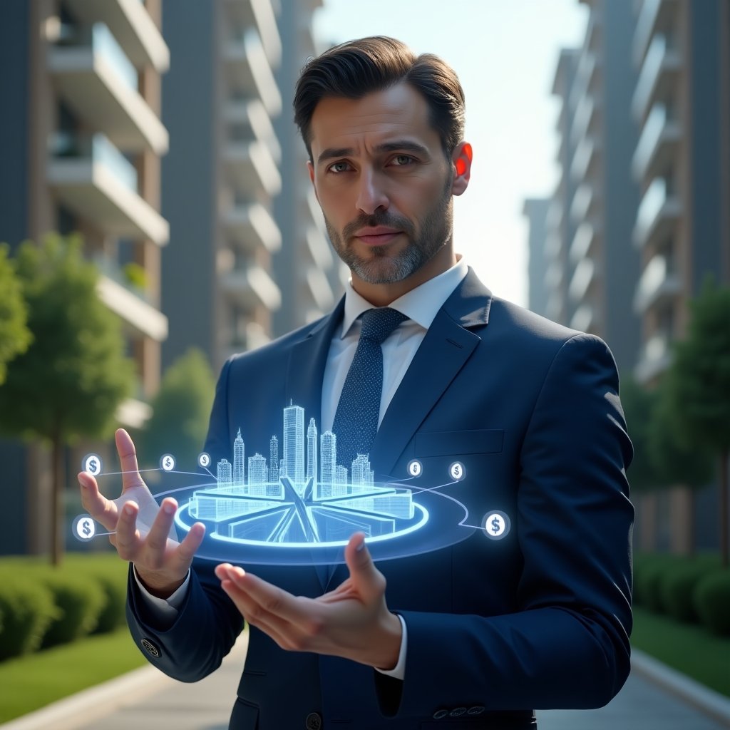 (Ultra-realistic condominium manager in a navy blue business suit, set in a modern luxury condominium environment with high-rise buildings and manicured green landscaping, holding and analyzing a holographic fractional pie chart showing percentage divisions, glowing digital icons of buildings and currency symbols floating around, confident and thoughtful expression, cinematic lighting, shallow depth of field, highly detailed textures, realistic skin, photographic realism, 8k resolution --ar 1:1 --v 6)