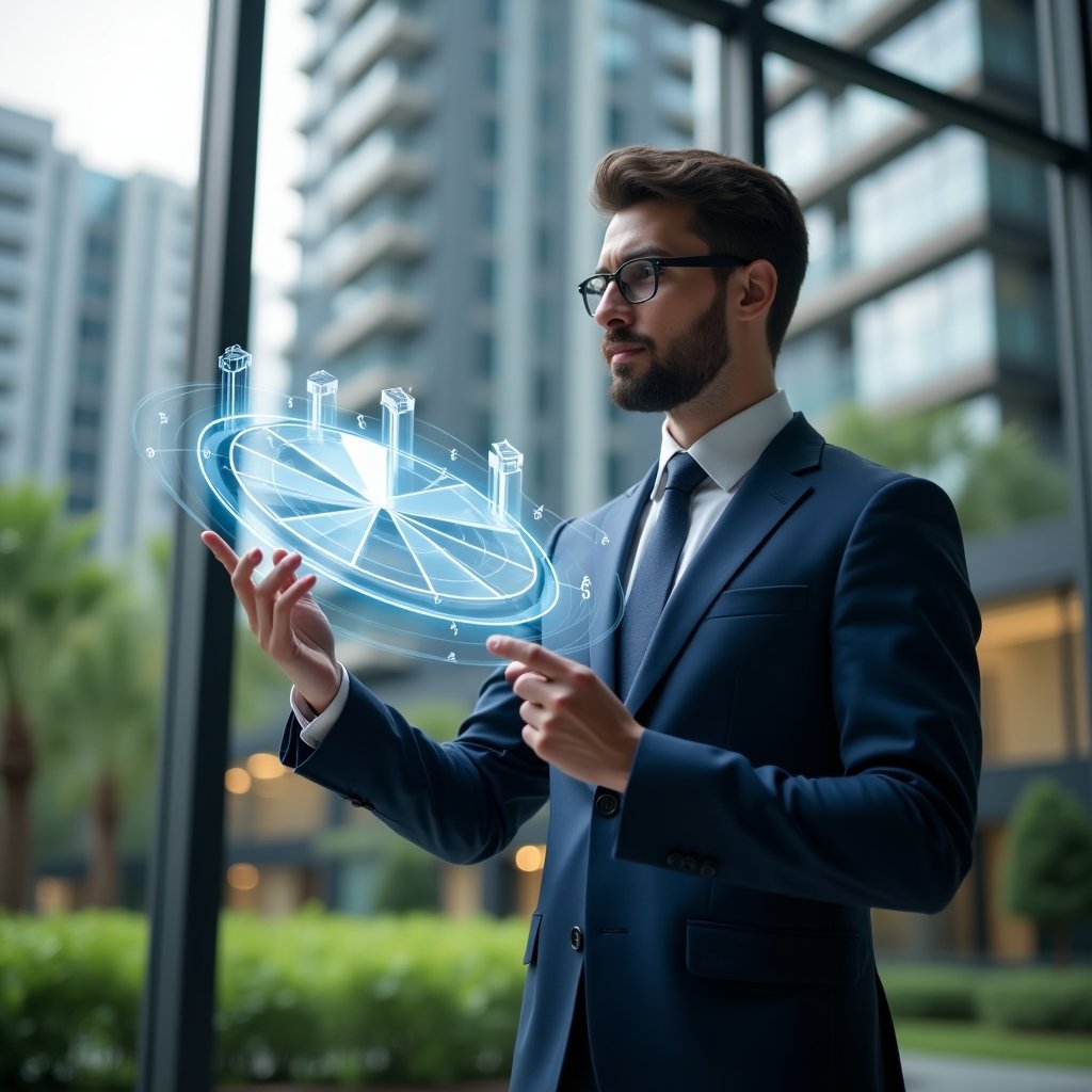 Ultra-realistic condominium manager in a navy-blue executive suit, set in a modern luxury condominium environment with high-rise buildings and lush green landscaping, analyzing a holographic pie chart that visualizes fraction ideal for expense distribution, floating translucent icons of currency symbols and building outlines around them, cinematic lighting, shallow depth of field, highly detailed textures, realistic skin, photographic realism, 8k resolution --ar 1:1 --v 6