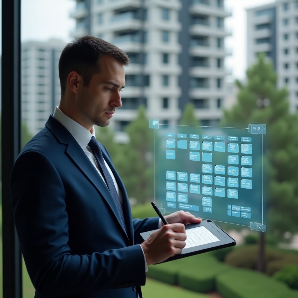 (Ultra-realistic condominium manager in a navy blue suit, set in a modern luxury condominium environment with high-rise buildings and meticulously landscaped gardens, examining a floating holographic activity schedule calendar with a stylus in hand, translucent icons of maintenance tools and meeting notifications orbiting around the display, confident and focused expression, cinematic lighting, shallow depth of field, highly detailed textures, realistic skin, photographic realism, 8k resolution --ar 1:1 --v 6)