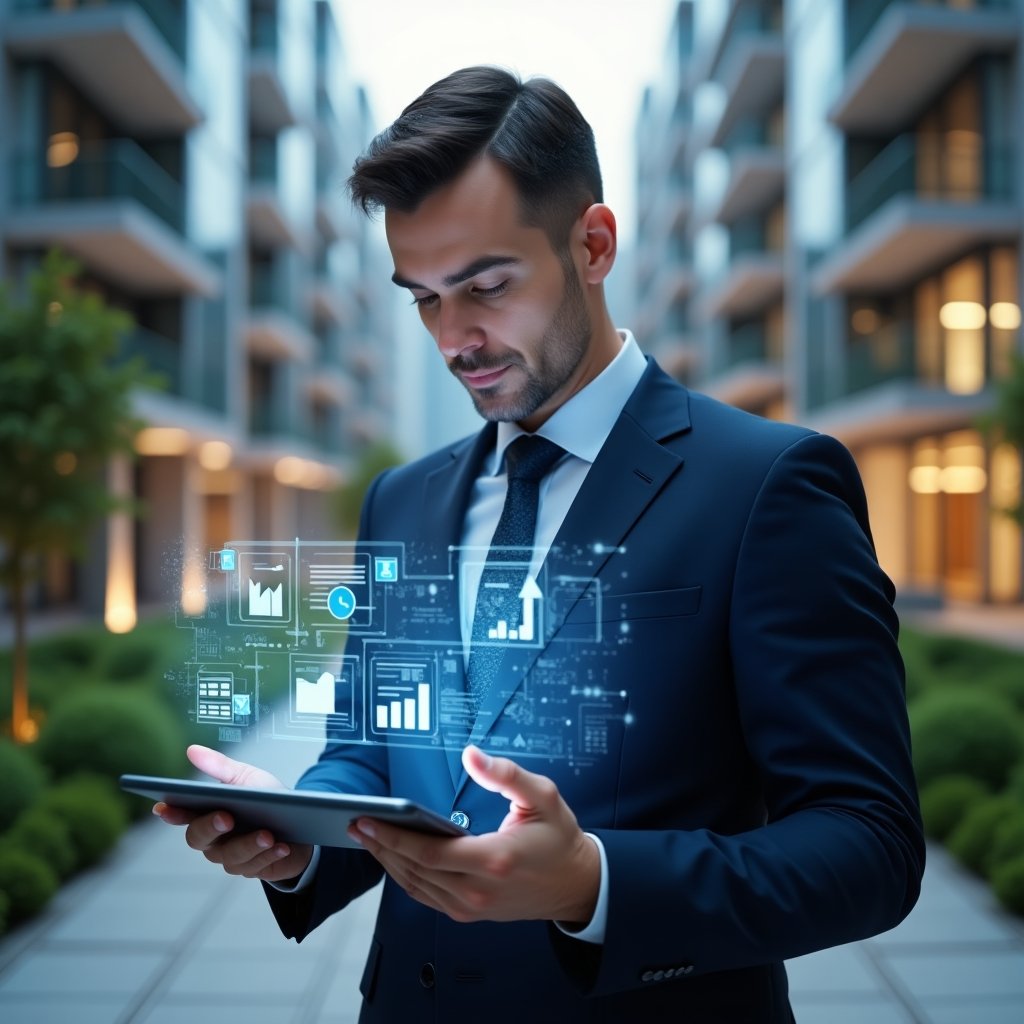 Ultra-realistic condominium manager in a navy blue suit, set in a modern luxury condominium environment with high-rise buildings and manicured green landscaping, holding a tablet displaying holographic charts and app icons related to financial reports and online assemblies, confidently interacting with floating digital interface symbols of a mobile app, cinematic lighting, shallow depth of field, highly detailed textures, realistic skin, photographic realism, 8k resolution --ar 1:1 --v 6