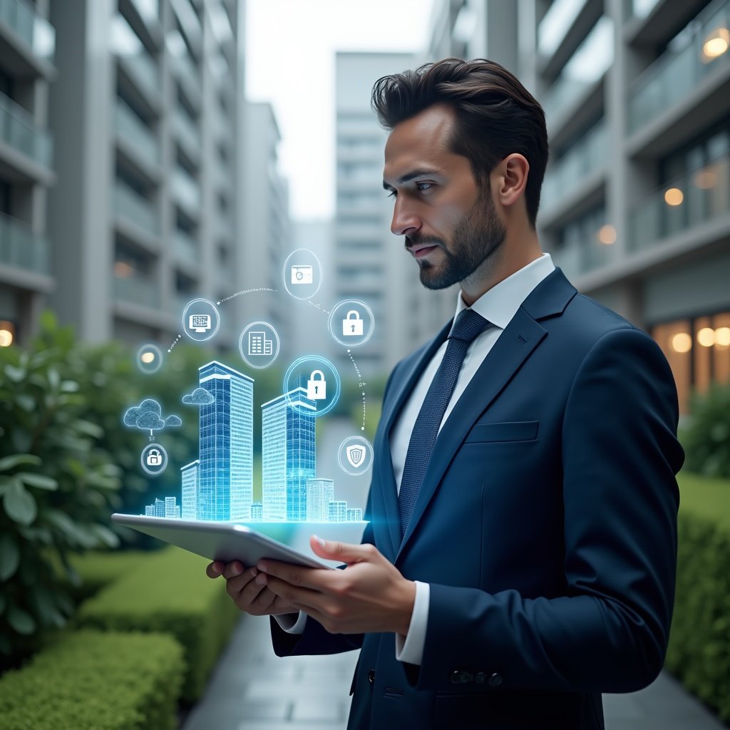 (Ultra-realistic condominium manager in a tailored navy suit, set in a modern luxury condominium environment with high-rise buildings and manicured green landscaping, examining a floating cloud-based hologram of building data on a transparent tablet, holographic icons of secure locks and charts orbiting around, confident and focused expression, cinematic lighting, shallow depth of field, highly detailed textures, realistic skin, photographic realism, 8k resolution --ar 1:1 --v 6)